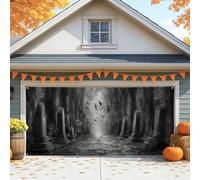 Halloween Graveyard Garage Door Cover, Spooky Black White Haunted Pathway Large Garage Door Decorations, Autumn Indoor and Outdoor Party Background Decor 157x71 Inch