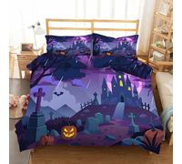 Halloween Graveyard King Size Duvet Cover Sets 3 Piece, Pumpkin, Bat Bedding, Soft and Breathable Microfiber Zipper Quilt Cover and 2 Pillowcases, Easy to Clean and Care, for Bedroom