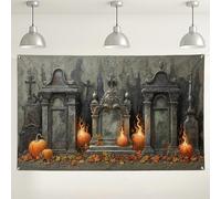 Halloween Graveyard Wall Backdrop, Spooky Pumpkin and Tombstone Party Decorations, Haunted House Indoor/Outdoor Photo Background for Halloween Events 71x43 Inch