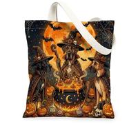 Halloween Great Dane Dog Canvas Tote Bag for Shopping 13x15, Vintage Puppy Witch Cauldron Reusable Grocery Print Pattern Bag for Women, Scary Beach Aesthetic Painting Gift Decor