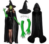 Halloween Green Witch Costume Women - Wicked Witch Costume Accessories Set Hooded Cloak, WitchHat, Long Gloves with Sharp Nails & Glasses - Perfect for Halloween, Cosplay, and Themed Parties