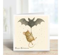 Halloween Greeting Card - Cute Mouse & Bat Balloon Design - Whimsical Animal Illustration - Blank Inside - 5x5 Inch Square Card with Envelope - Happy Halloween Card for Kids & Adults
