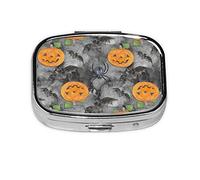 (Halloween Grey Bat Spider Pumpkin) Square Pill Box with 2 Compartment Small Pill Organizer Portable Pill Case Vitamin Containers, Travel Essentials 5.5x4x1.8 cm