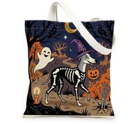 Halloween Greyhound Dog Canvas Tote Bag for Shopping 13x15, Horror Puppy Graveyard Reusable Grocery Print Pattern Bag for Women, Spooky Scary Aesthetic Painting Gift Decor