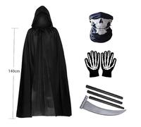 Halloween Grim Reaper Black Cloak Costume Set for Children and Adults Cosplay Costume and Props(Adult 4PCS,one size)