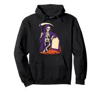 Halloween Grim Reaper Cartoon Skeleton Scythe Graveyard Pullover Hoodie