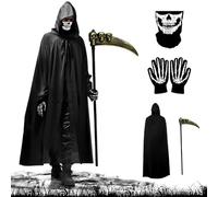 Halloween Grim Reaper Costume - 4-Piece Scary Fancy Dress Set with Hooded Robe, Skull Mask, Scythe & Skeleton Gloves - Ghostface-Inspired Reaper Outfit for Men & Women (M)