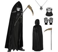 Halloween Grim Reaper Costume, Black Hooded Cloak Cape with Skull Mask Plastic Scythe Skull Gloves Necklace Grim Reaper Fancy Dress for Halloween Cosplay