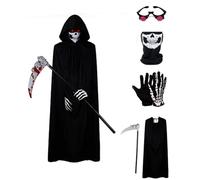 Halloween Grim Reaper Costume for Adults & Teens - Unisex Fancy Dress Cape with Death SICKLE, Skeleton Gloves, Luminous Glasses & Skull Mask for Halloween, Carnival, Masquerade
