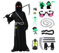 Halloween Grim Reaper Costume Kids Boys 10-11 11-12 Grim Reaper Cloak Black Cape Grim Reaper Scythe Halloween Kids Death Costume Ghost Face Robe Grim Reaper Gloves Glowing Eyes Grim Reaper Accessories