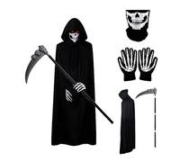Halloween Grim Reaper Costume, Scary Halloween Costume Set with Black Hooded Cape, Skull Facewear, Skeleton Gloves and Death Scythe, Ideal for Halloween Cosplay Costume Props