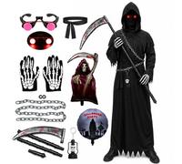 Halloween Grim Reaper Costume Set with Robe, Scythe and Light-Up Glasses | 10-piece grim reaper set with separate robe and hood, red light-up glasses, scythe, gloves, chain, belt, balloon and keychain
