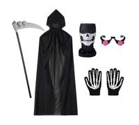 Halloween Grim Reaper Costumes Scary Black Hooded Cloak Scythe Mask Skeleton Gloves 5Pcs Outfits for Kid and Adults (Black Kids, 5Pcs)