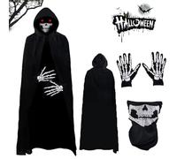 Halloween Grim Reaper Suit,Grim Reaper Costume Adult with Skeleton Mask,Gloves and Sickle,Grim Reaper Cloak with Hood for Halloween Party Fancy Dress Costume (1 Set Black)