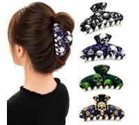 Halloween Hair Claw Grip Clips for Women, 4 Pcs Skull Devil Print Large Resin Claw Clips, Oval Non Slip Jaw Clip for Parties Daily Updos Gifts
