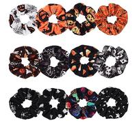 Halloween Hair Scrunchies BOO Spooky Pumpkin Fall Scrunchies Skull Ghosts Bat Star Moon Candy Spider Web Skeleton Hair Ties for Women Girls Elastics Scrunchy Halloween Gifts Accessories 12 PCS