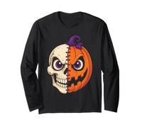 Halloween Half Skull Pumpkin Jack O Lantern Skeleton Face Long Sleeve T-Shirt
