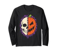 Halloween Half Skull Pumpkin Jack O Lantern Skeleton Face Long Sleeve T-Shirt