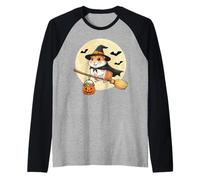 Halloween Hamster Witch Flying On Broom Raglan Baseball Tee