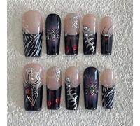 Halloween Handmade Press on Nails Long Square False Nails 3D Spider Designs Full Cover Thick Black French Tip Acrylic Fake Nail Halloween Silver Spider Web Stick on Nail for Women（Size M)