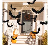 Halloween Hanging Bats, 12 PCS Outdoor Indoor Halloween Hanging Bats Decor, Halloween Flying Bat Hanging Decorations with Glowing Eyes for Home Wall Door Graveyard Lawn Porch Party