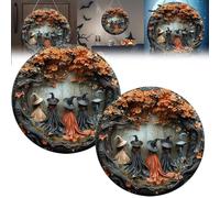 Halloween Hanging Door Wooden Wall Decor Sign, Creative Round Door Sign Made of Wood, 2D Witch Pattern Wooden Hanging Signs, Unique Design with Five Witches for Doors Decorations (2pc,11.8in)