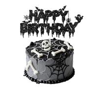 Halloween Happy Birthday Cake Topper,Double Sided Black Glitter Ghost Spider Bat Bday Cake Topper for Halloween Birthday Cake Decorations,Goth Bday Decorations,Spooky Horror Scary Party Supplies