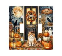 Halloween Harvest Cat Jack-o'-lantern Double Light Switch Cover Plate | Ginger Cat, Harvest Porch Decor, Autumn Foliage, Rustic Lanterns, Glowing Full Moon, Seasonal Home Accents