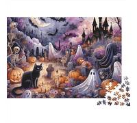 Halloween Haunted Castle Black Cat 1000 Piece Jigsaw Puzzle Jigsaw Puzzle for Adults Night Ghost Pumpkin Scene Relaxing Focus Home Decor Gift 52x38cm/1000pcs