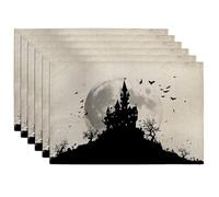 Halloween Haunted Castle Placemats, Black Spooky Decorative Place mats for Dining Table, Non-Slip Washable Indoor Outdoor Party Tableware Set of 6