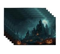 Halloween Haunted Castle Placemats, Dark Spooky Decorative Place mats for Dining Table, Non-Slip Washable Indoor Outdoor Party Tableware Set of 6
