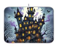 Halloween Haunted Castle Scene Dish Mat Absorbent Drying Mat for Dishes Microfiber Drying Matts for Dishes Kitchen Accessories for Countertop Medium 16'' x 18''