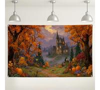 Halloween Haunted House Backdrop, Autumn Fall Landscape Photography Background, Spooky Theme Party Decorations for Indoor/Outdoor Events, Pumpkin and Tree Design 71x43 Inch