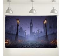 Halloween Haunted House Backdrop, Spooky Gothic Street Scene Decorations, Dark Violet Photo Background for Halloween Parties and Events 71x43 Inch