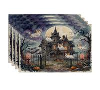 Halloween Haunted House Corgi Dog Placemats Set of 4, 12x18 Inch, Fun Ghost 4Pcs Table Mats for Dinning, Scary Creepy Holiday Home Kitchen Decor