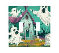 Halloween Haunted House Ghosts Light Switch Cover Plates/Outlet Covers, Green Spooky Decor Wall Accents, Thermoplastic Wall Plates, Standard Size Double Toggle