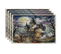 Halloween Haunted House Great Pyrenees Dog Placemats Set of 4, 12x18 Inch, Fun Ghost 4Pcs Table Mats for Dinning, Scary Creepy Holiday Home Kitchen Decor