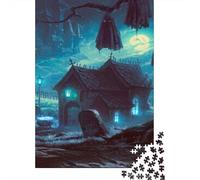 Halloween Haunted House Jigsaw Puzzles Puzzle for Adults Kids. 1000 Pieces Gravestone Whimsical Challenge Toy Educational Games Home Decoration for Educational Games Gifts 1000pcs (75x50cm)