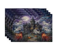 Halloween Haunted House Labradoodle Dog Placemats Set of 4, 12x18 Inch, Fun Ghost 4Pcs Table Mats for Dinning, Scary Creepy Holiday Home Kitchen Decor