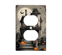 Halloween Haunted House Light Switch Cover Plate/Outlet Covers, Black and Orange Spooky Design for Wall Decor, Thermoplastic Wall Plates, Standard Size Single Duplex Outlet