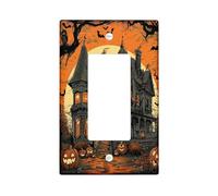 Halloween Haunted House Light Switch Cover Plate/Outlet Covers, Orange Festive Gothic Design for Holiday Home Décor, Thermoplastic Wall Plates, Standard Size Single Rocker