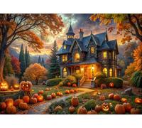 Halloween Haunted House Photography Backdrop 10x8ft - Spooky Gothic Mansion, Jack-o’-Lantern Pathway, Full Moon Autumn Scene for Halloween Party Photo Booth Decorations 336