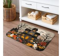 Halloween Haunted House Quick Dry Bath Mat, Black and Orange Floral Absorbent Non Slip Shower Mat, Autumn Flannel Washable Bath Rugs for Bathroom Decor 20x32 Inch