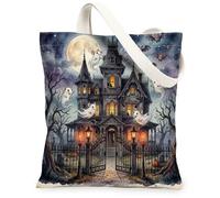 Halloween Haunted House Rat Mouse Canvas Tote Bag for Shopping 13 * 15, Fun Scary Ghost Reusable Grocery Bag for Women, Goth Creepy Beach Aesthetic Painting Gift Decor