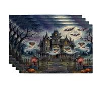 Halloween Haunted House Rottweilers Dog Placemats Set of 4, 12x18 Inch, Fun Ghost 4Pcs Table Mats for Dinning, Scary Creepy Holiday Home Kitchen Decor