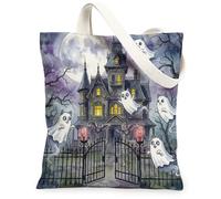Halloween Haunted House Russian Blue Cat Canvas Tote Bag for Shopping 13 * 15, Fun Ghost Reusable Grocery Bag for Women, Scary Creepy Beach Aesthetic Painting Gift Decor