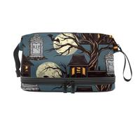 Halloween Haunted Houses Dead Tree Tombstone Double Layer Cosmetic Bag for Women and Girls, Travel Toiletry Bag Makeup Handy Pouch Organiser Bag with Brush Compartment