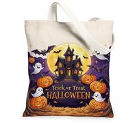 Halloween Haunted Mansion Ghost Pumpkins Canvas Tote Bag 13x15 Inch, Orange, 13x15 Inch