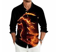 Halloween Hawaiian Shirts for Men,Long Sleeve Flame Skeleton - Button Down Hawaiian Shirt Holiday 4XL The Orange Death God