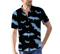 Halloween Hawaiian Shirts for Men Scary Bat Print Button Down Casual Short Sleeve Horror Holiday Themed Hawaiian T Shirts (Yellow,3XL)
